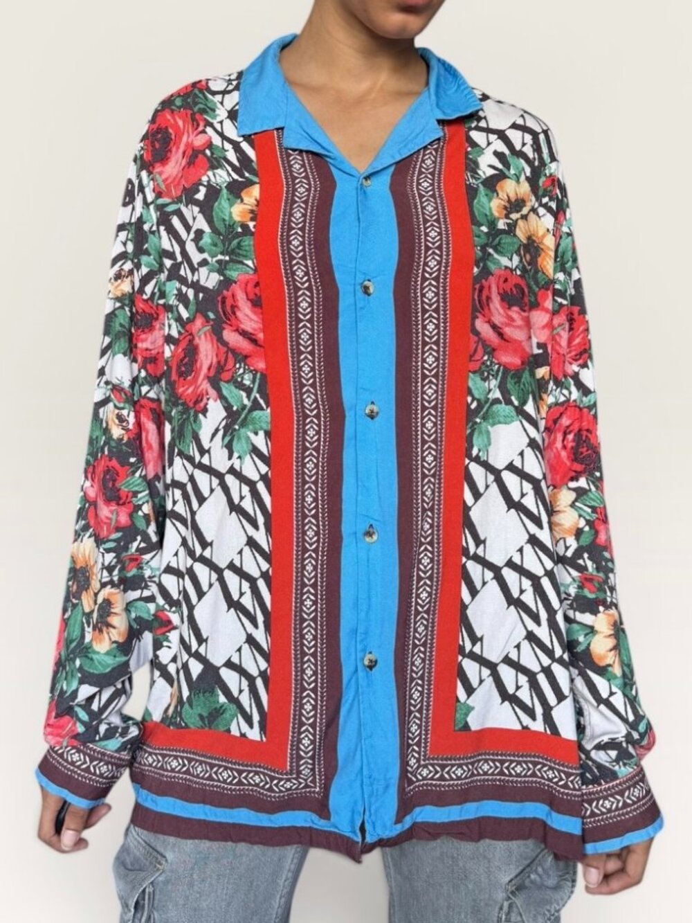 ASOS Geometric Floral Scarf Print Button-Down Shirt Maximalist Bold XXL